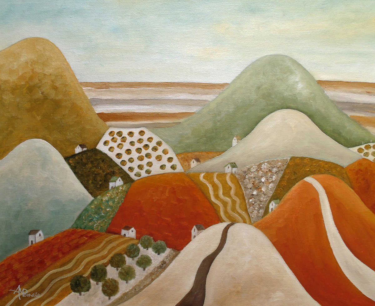 Naive Landscape Oil Painting By Angeles M. Pomata, 16 X 13, Getting Into The Autumn, Original Artwork