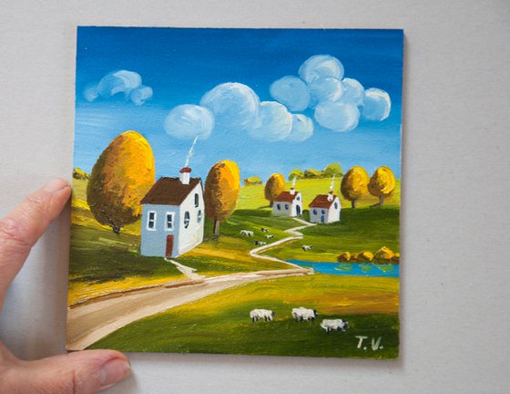 Village scene. Folk Art. Oil painting. Miniature 6 x 6in.