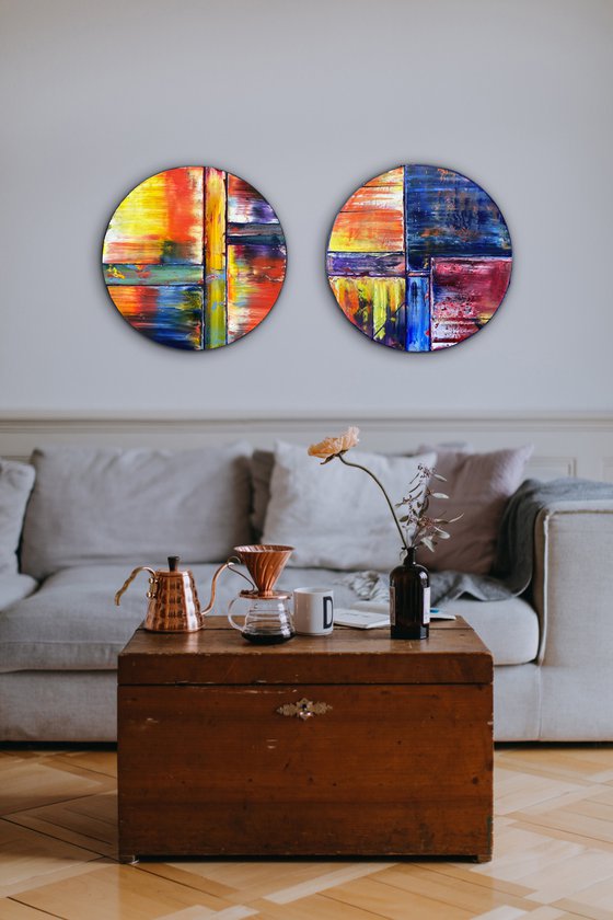 "Coming Full Circle" - Save As A Series - Original PMS Oil Painting Diptych On Circular Wooden Panels - 36 x 18 inches