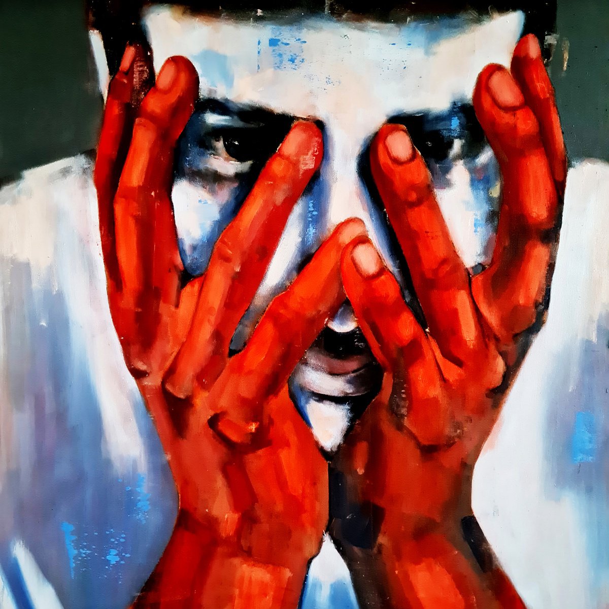 Expressive Oil Painting , Red Hands 4-23-25 By Thomas Donaldson, 35 X 35, Artwork For Sale On Artfinder