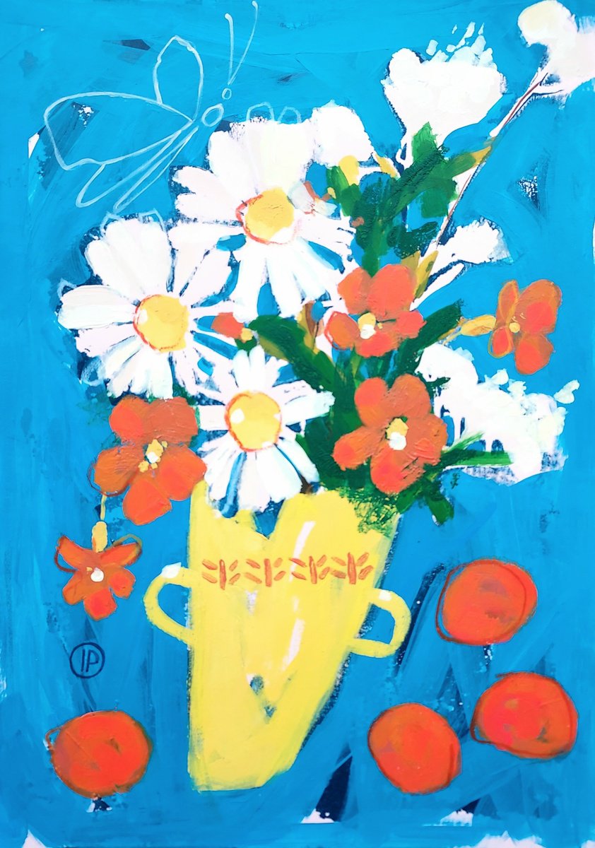 Impressionistic Botanical Acrylic Painting By Irina Plaksina, 8 X 12, Daisies And Tangerines, Original Artwork