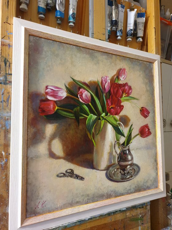 "Spring tulips" still life  metal silver tulip liGHt original painting  GIFT (2019)