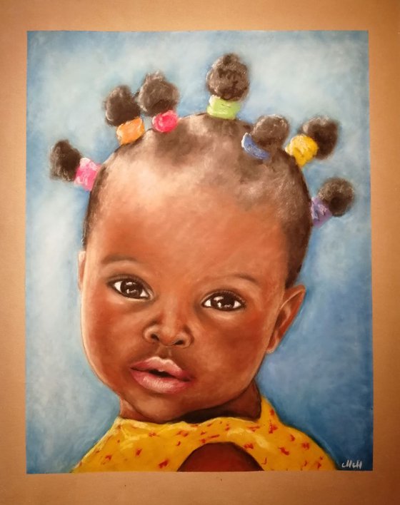 African baby girl - original oil pastel portrait painting