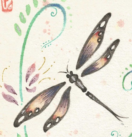Dragonfly with pink lilies Chinese style brush painting