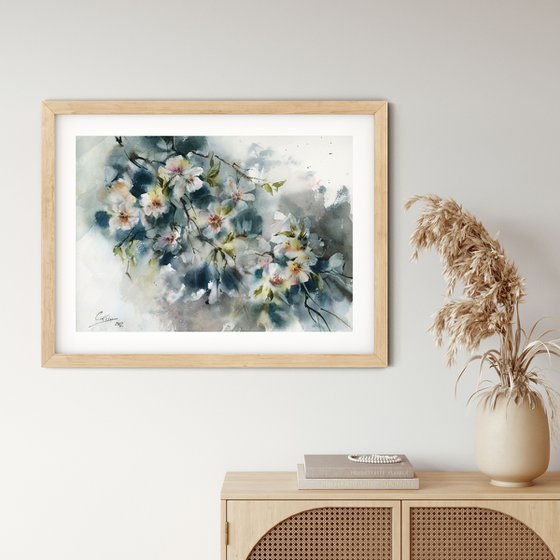 Almond Florals Watercolor Painting, Blossoms Painting, Flowers Watercolour Art