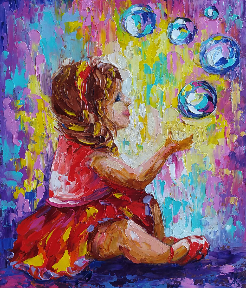 Happiness is in the little things - childhood, child, oil painting, girl, bubble, little g... by Anastasia Kozorez