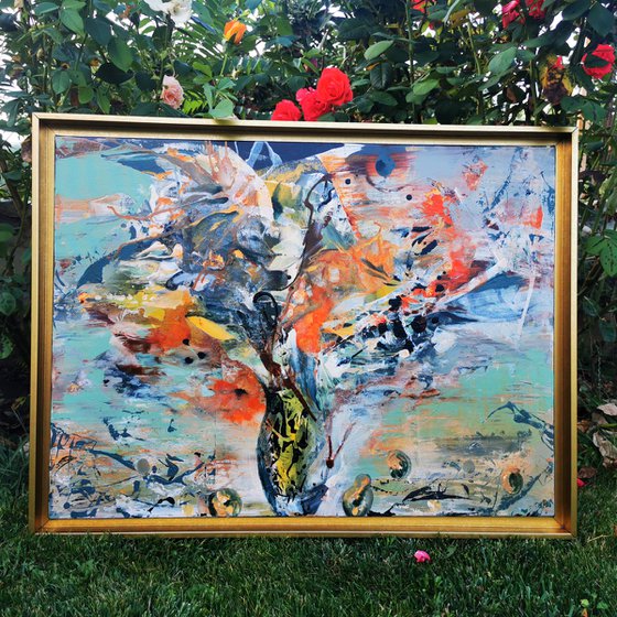 Beautiful green and orange framed painting about eternity and perenity still life painting by O KLOSKA