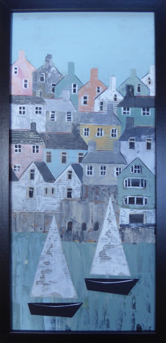 Landscape Painting By Elaine Allender, 10 X 20, Boats, Dartmouth, Original Artwork