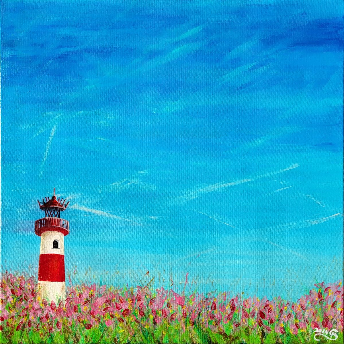 Impressionistic Landscape Acrylic Painting By Silvija Horvat, 20 X 20", Lighthouse #11, Original Artwork
