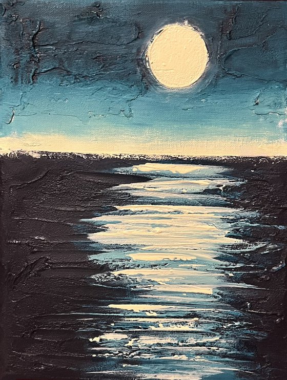 Turquoise moon Sea in acrylic and mixed medium abstract landscape