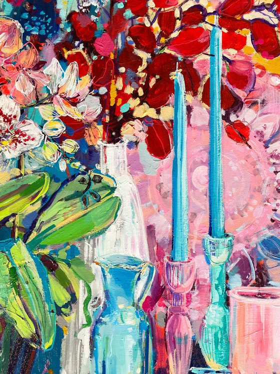 Still Life - Romantic Candles and Vase with Flowers
