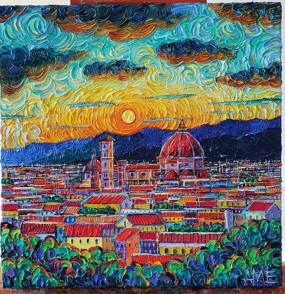 MIRACULOUS SUNSET IN FLORENCE ITALY textured impasto palette knife oil painting on 3D canvas abstract cityscape Ana Maria Edulescu