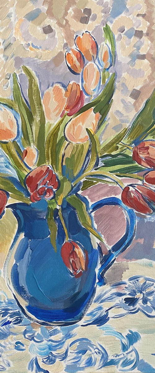Tulips in a Blue Vase by Ariela Stem