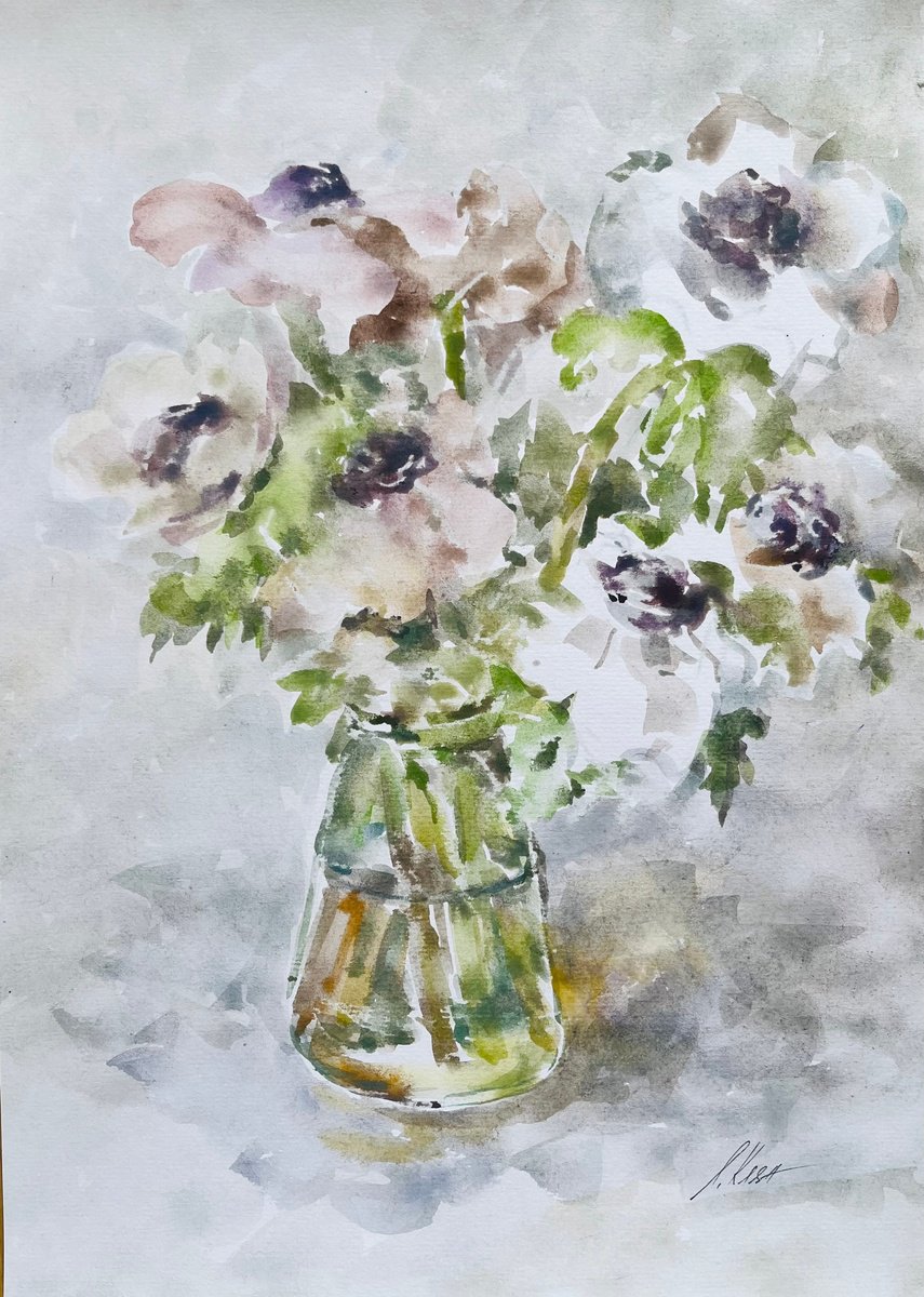 Impressionistic Still Life Watercolour By Elena Klyan, 11 X 17, Anemones 12, Original Artwork