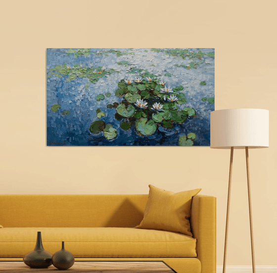 White Water Lilies - Large Original Oil painting 120 x 70 cm