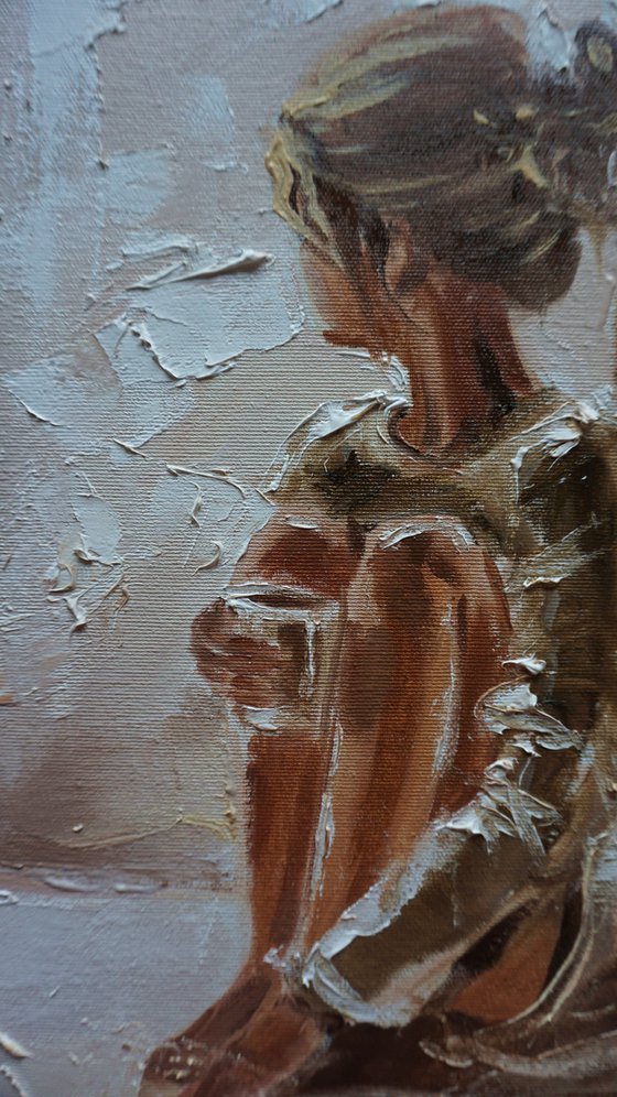 " COFFEE ... " window lockdown lonely  liGHt  ORIGINAL OIL PAINTING, GIFT, PALETTE KNIFE