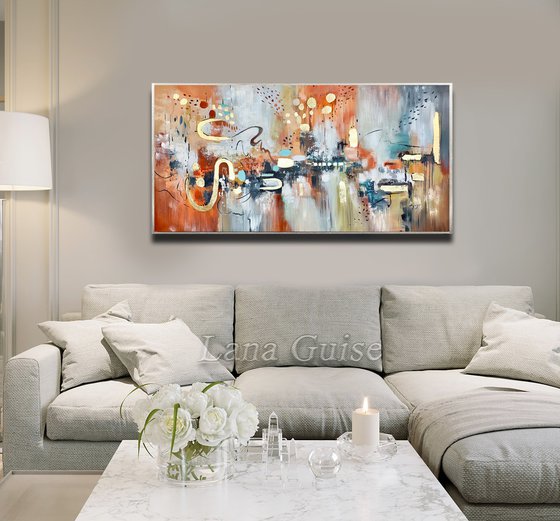 Spicy Autumn - Abstract Painting 60" x 30" Large Abstract Gold Leaf Soft Colors White Gray Painting