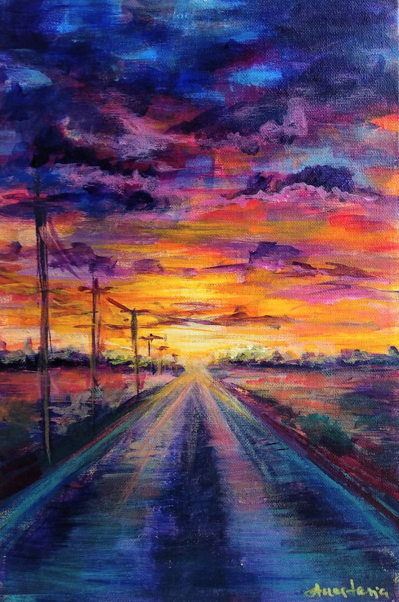 Road of Hope Sunset Landscape Colorful Sky by Anastasia Art Line