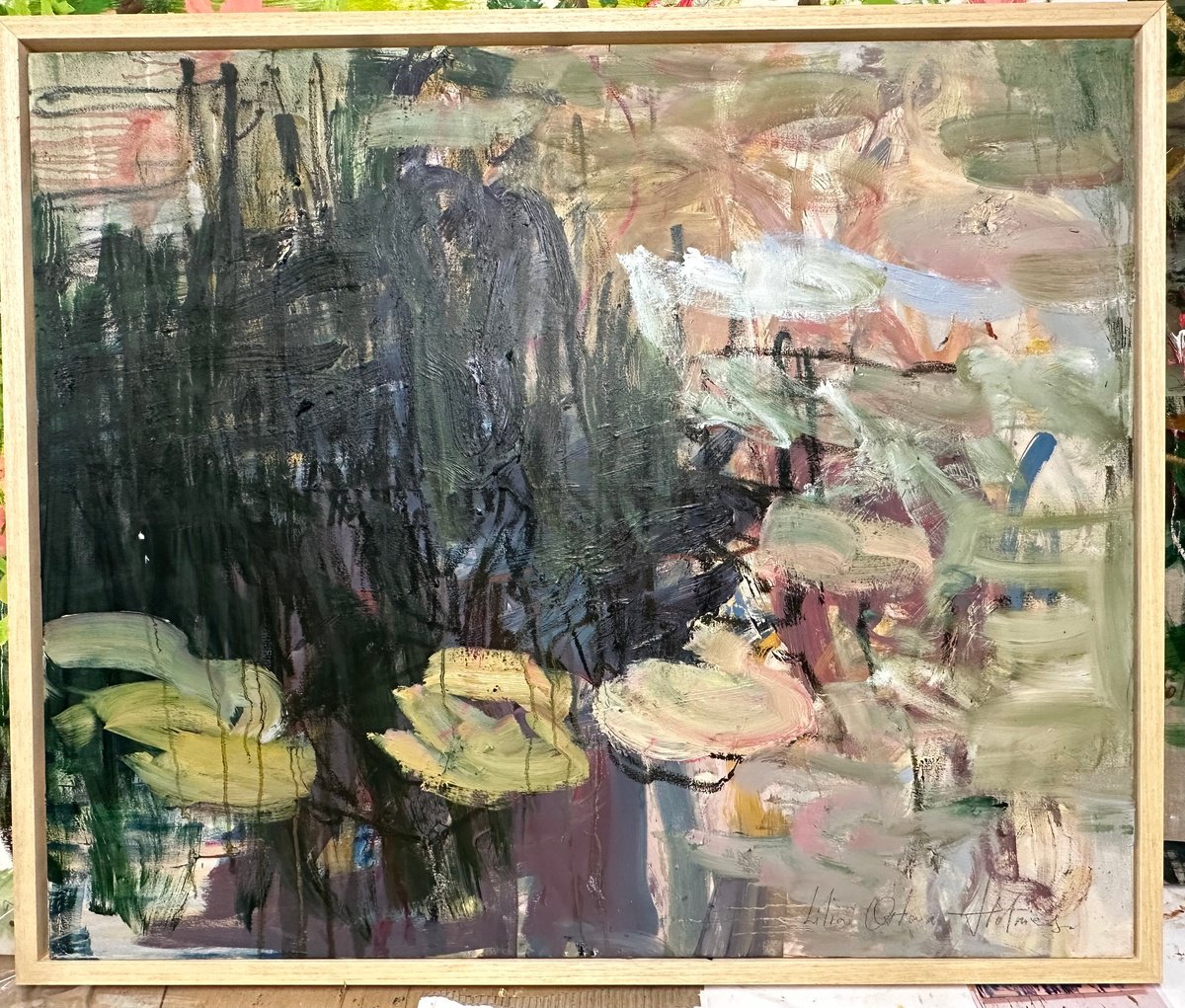 Expressive Landscape Oil Painting By Lilia Orlova-Holmes, 47 X 39", An Autumn Pond., Original Artwork