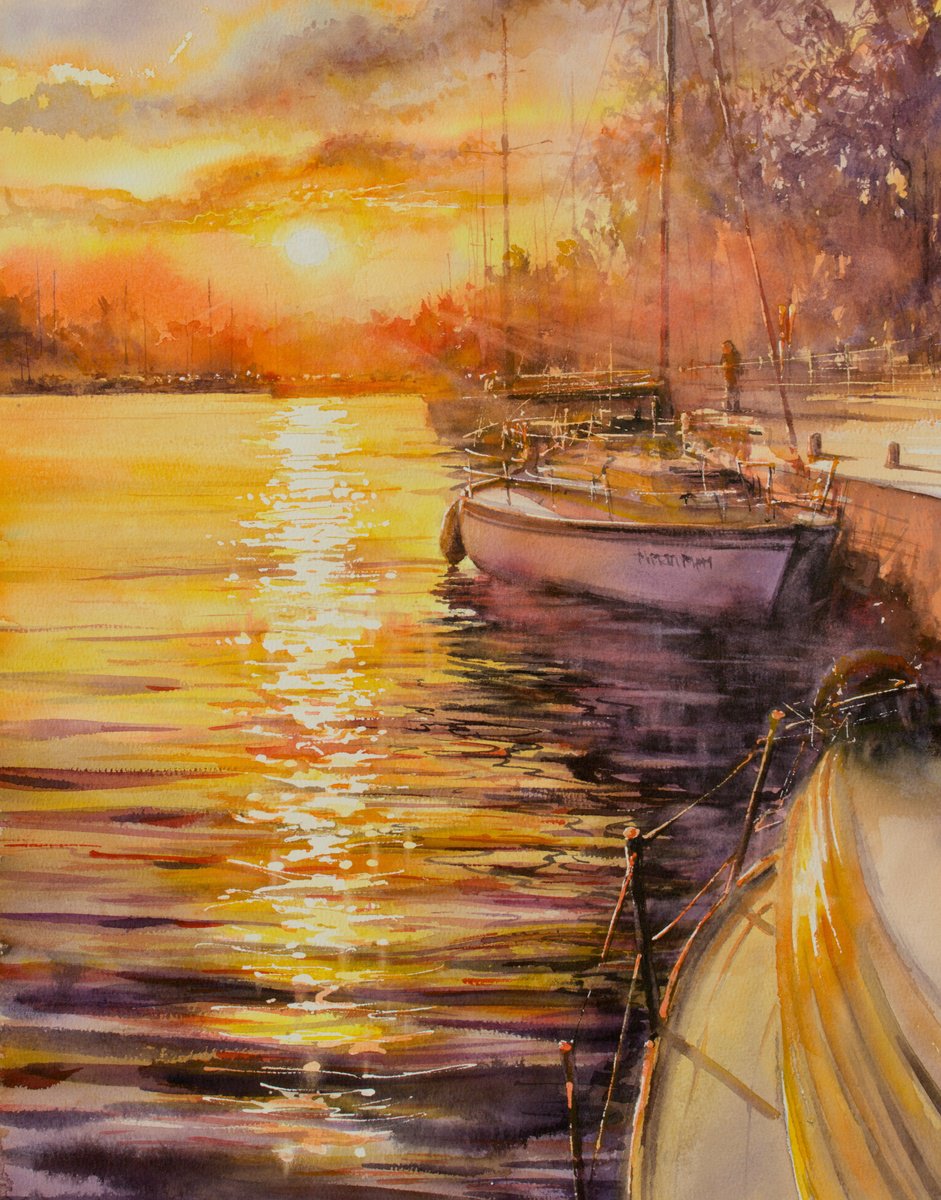 Impressionistic Landscape Watercolour By Eve Mazur, 15 X 19, Sunset In Marina., Original Artwork