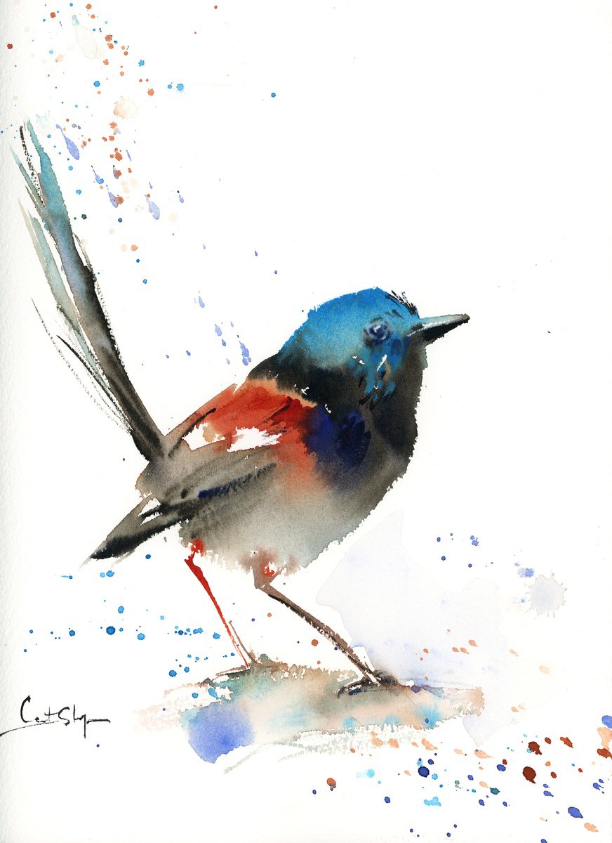 Impressionistic Animal Watercolour By Sophie Rodionov, 9 X 12", Fairy Wren Bird, Original Artwork