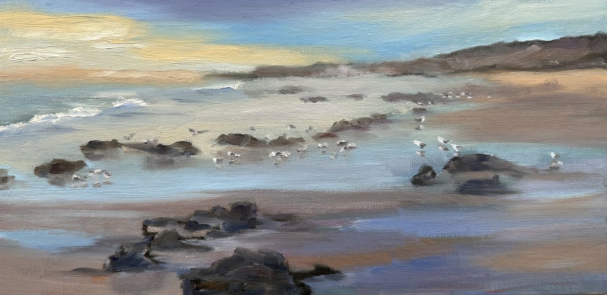 Impressionistic Landscape Oil Painting By Grace Diehl, 12 X 6, Birds Of A Feather, Original Artwork