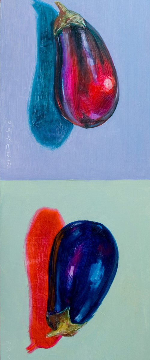 gift for food lovers: modern diptych, still life of psychedelic eggplants by Olivier Payeur