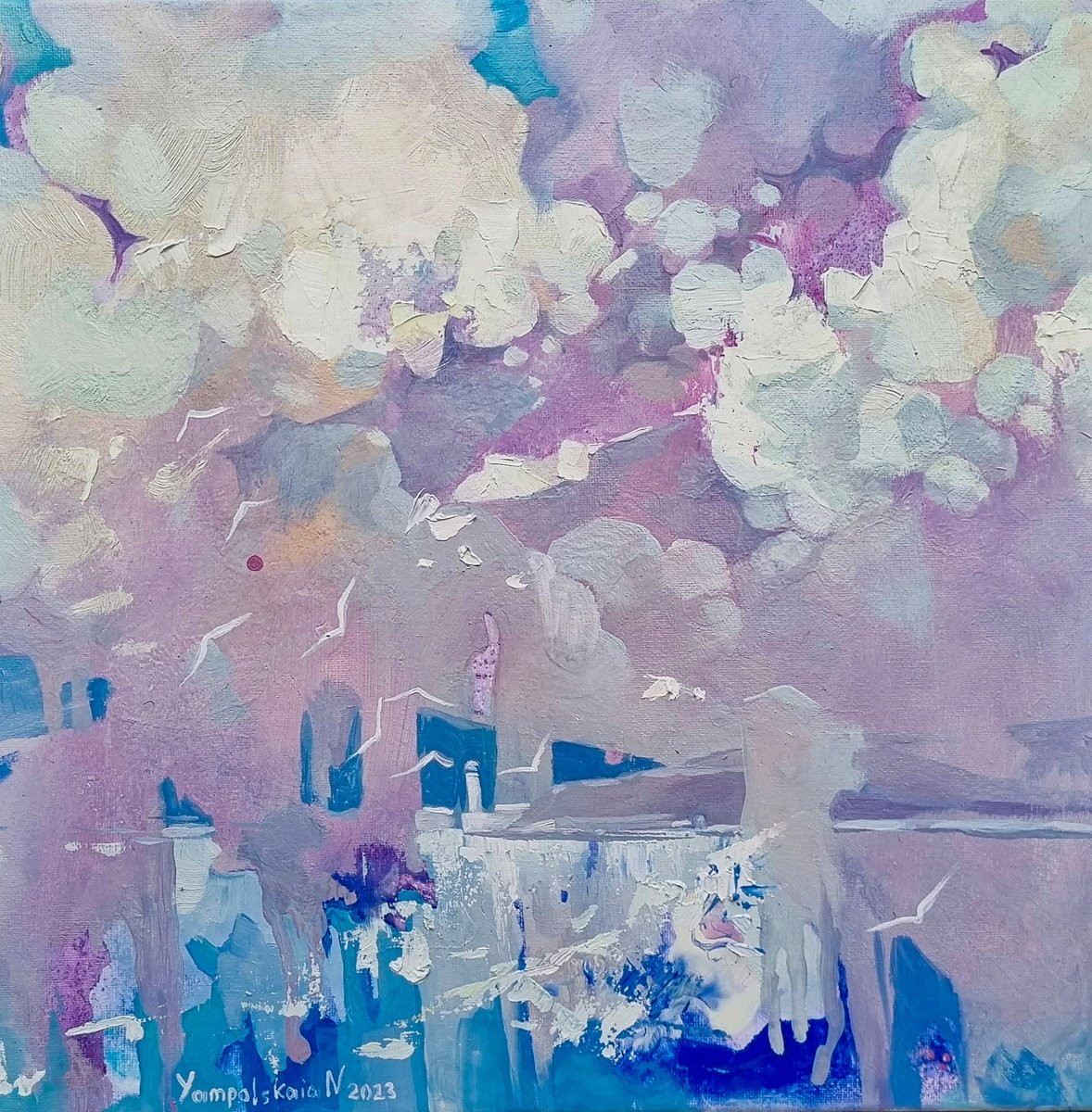 Abstract Landscape Oil Painting By Natalia Yampolskaia, 16 X 16", Pink Ocean Sky, Original Artwork