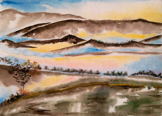 mountains landscape original watercolor painting wet on wet watercolor"Breath of Mountains"