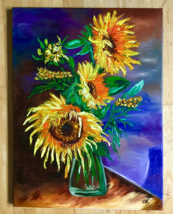 BOUQUET OF SUNFLOWERS SALE.  inspired by VINCENT VAN GOGH . palette knife modern  oil still life painting on blue purple pink yellow Dutch style office home decor gift