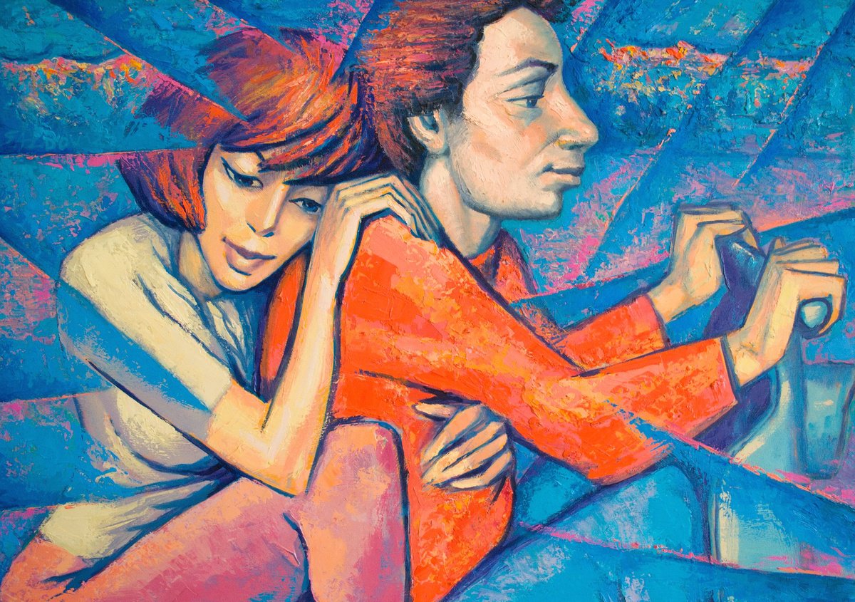 Expressive Portrait Oil Painting By Rumen Sazdov, 39 X 28", I Love You And You Love Me, Original Artwork