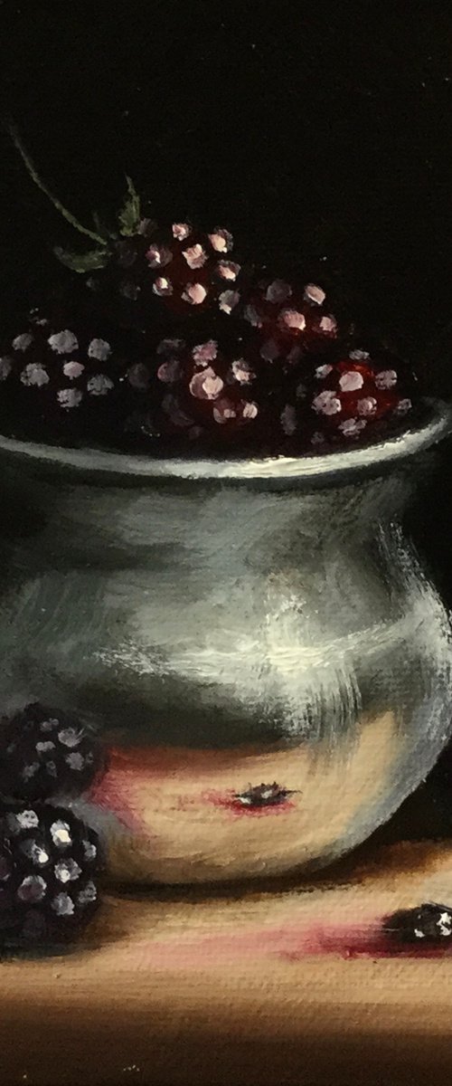 Silver cup with blackberries still life by Jane Palmer Art
