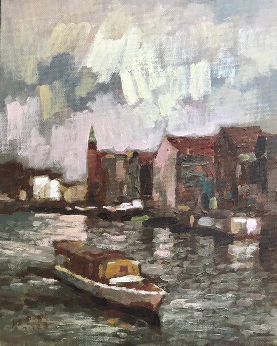 Original Oil Painting Wall Art Signed unframed Hand Made Jixiang Dong Canvas 25cm × 20cm Cityscape Amsterdam Boat Trip Amsterdam River House Small Impressionism Impasto