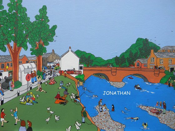 original naive country style acrylic painting Applebe bridge Cumbria England U.K