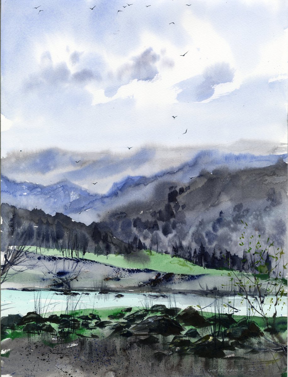 Impressionistic Landscape Watercolour By Eugenia Gorbacheva, 12 X 16, Mountain River #27, Original Artwork