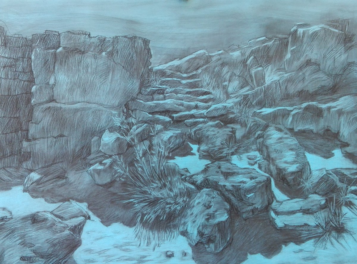 Photorealistic Landscape Charcoal Drawing By Zlatina Krusteva, 39 X 28", "Stone Forest", Original Artwork