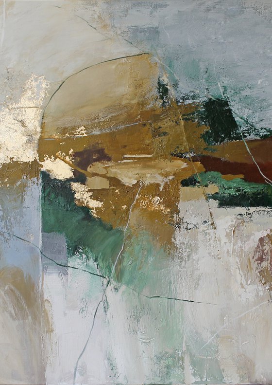 "Cliff 2" Green gray gold abstract art