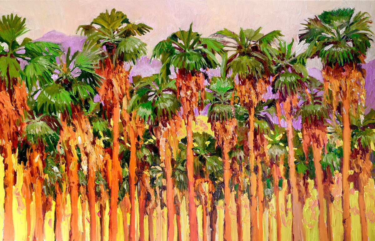 Expressive Landscape Oil Painting By Suren Nersisyan, 48 X 30", Desert Palm Trees, Original Artwork