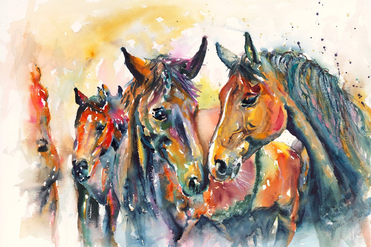 Impressionistic Animal Watercolour By Natalie Bowden, 30 X 20", Horses, Original Artwork