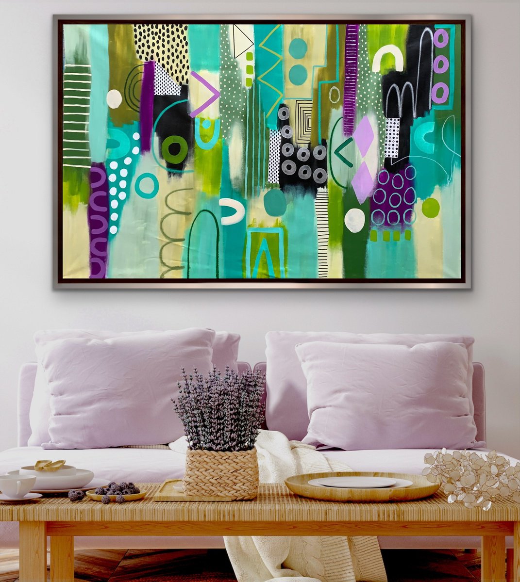 Organic Abstract Acrylic Painting By Rashna Hackett, 55 X 36", Violet Shadows, Original Artwork