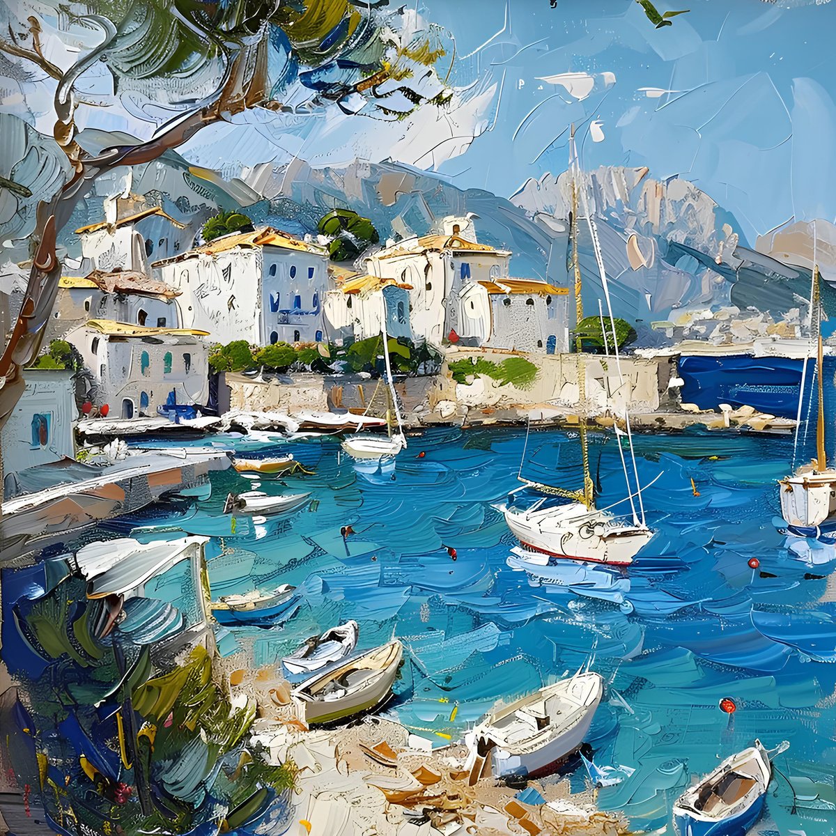 Impressionistic Landscape Screenprint By Elena Avanesova, 24 X 24, Marina Bay Mallorca, Original Artwork