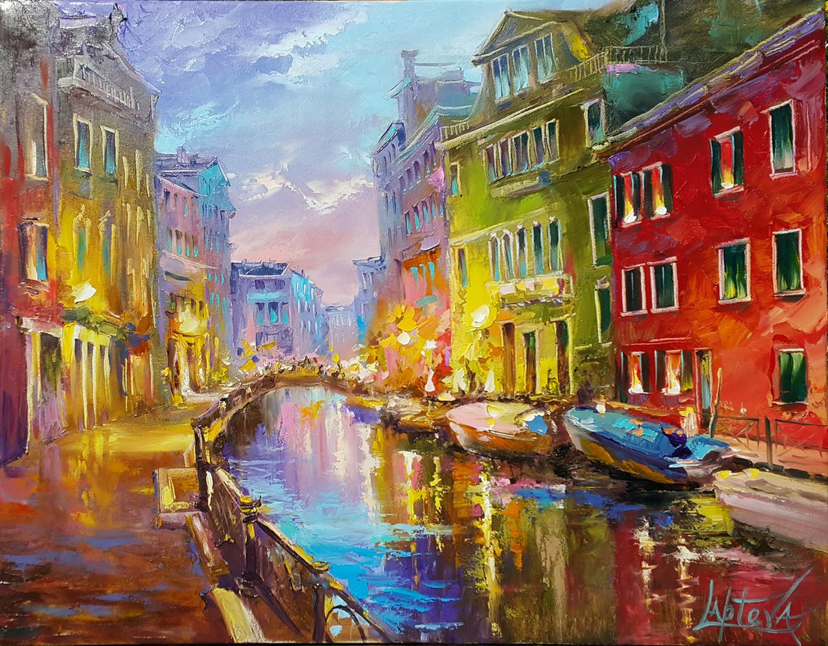 Impressionistic Cityscapes Oil Painting By Viktoria Lapteva, 24 X 19", Romantic Evening In Venice, Original Artwork