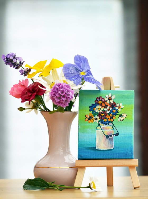 flowers in white milk urn, original acrylic miniature painting, still life