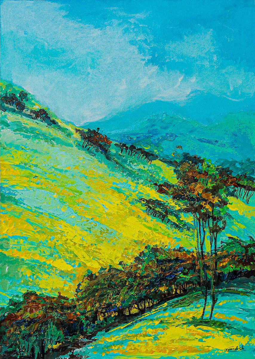 Abstract Acrylic Painting By Artist Gurdish Pannu, 18 X 26, Landscape Painting, Original Artwork