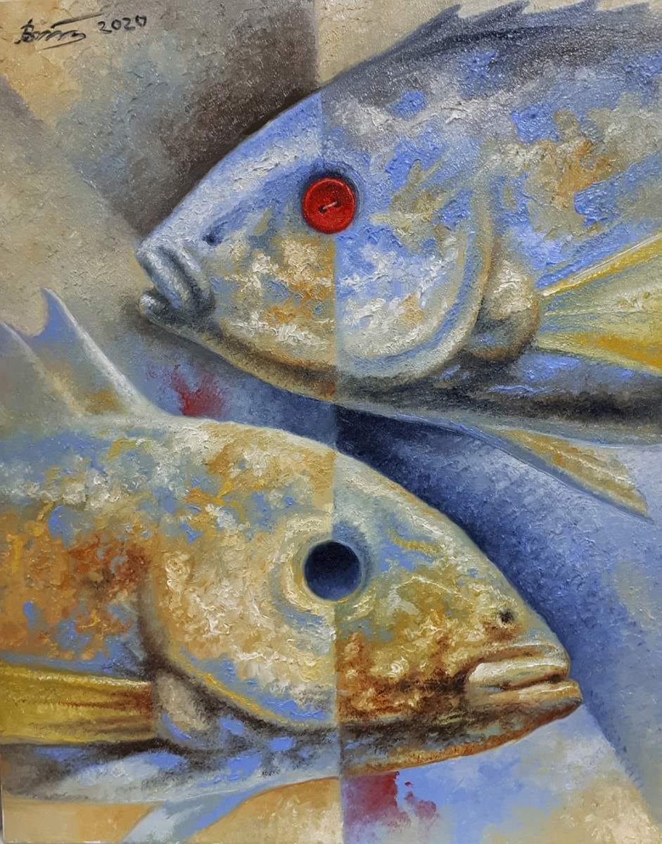 Urban And Pop Animal Oil Painting By Serhii Voichenko, 16 X 20", Golden Fish Wish, Original Artwork