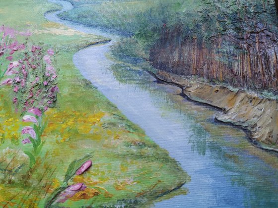 Summer landscape blooming meadow with pink gladioli-three-dimensional flowers in an acrylic painting-wildflowers, river, forest, swallows-60x40x2 cm