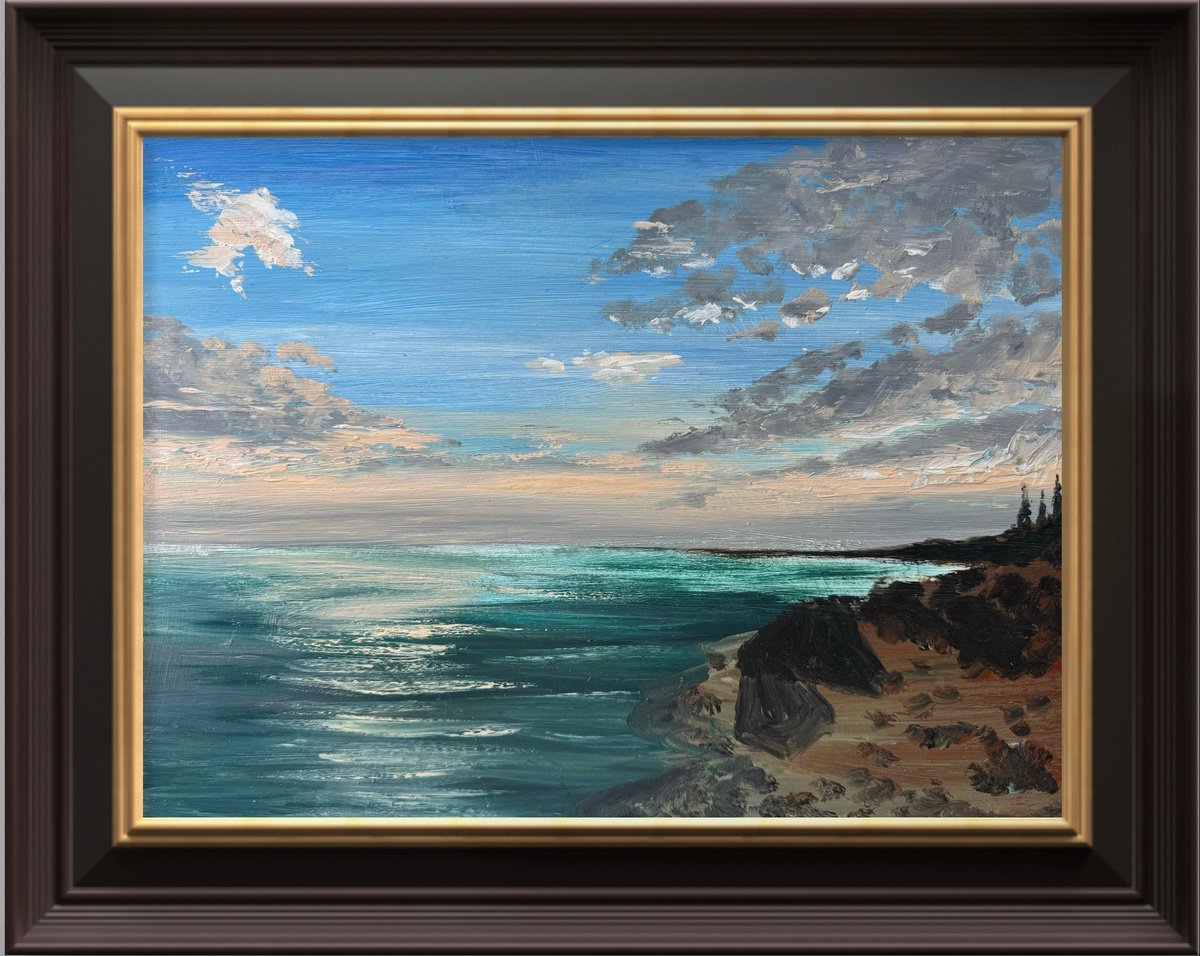 Expressive Landscape Oil Painting By Yuliia Sharapova, 13 X 17", Seascape Sunrise, Original Artwork