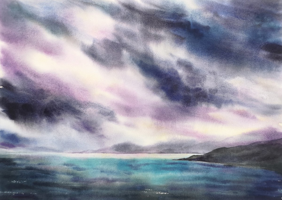 Impressionist sea and sky, landscape watercolor painting by Olya Grigo