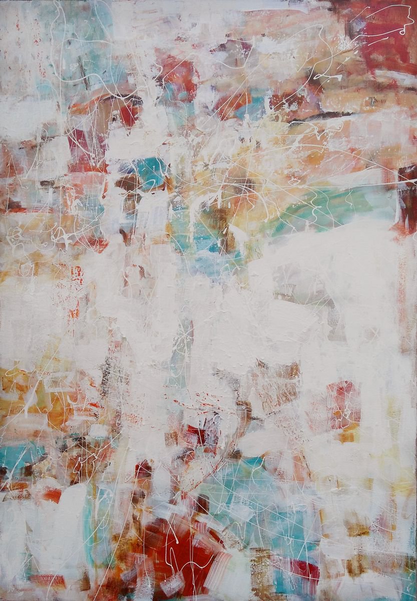 BRIGHT DAY IN TOWN, 100x70cm, turquoise copper red white abstract urban landscape by Emilia Milcheva