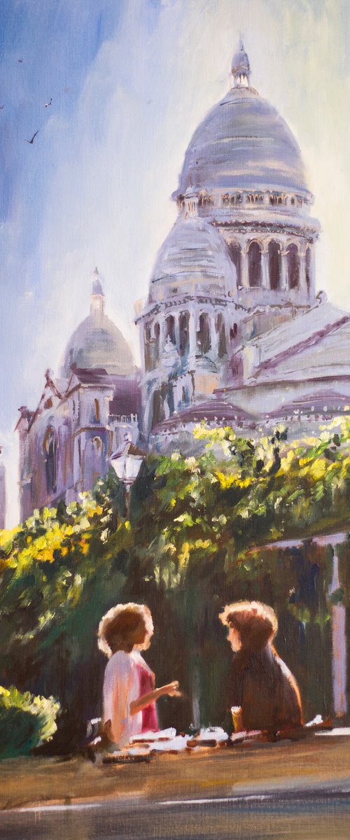 Picnic in Paris. Parisians series. Cityscape with two girls talking in Montmartre Park. Original oil painting. Contrast bright city urban landscape view sun light. by Sasha Romm